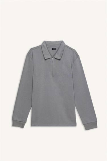Regular Fit Polo Yaka Yarım Fermuarlı Basic Düz Sweatshirt