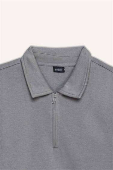 Regular Fit Polo Yaka Yarım Fermuarlı Basic Düz Sweatshirt