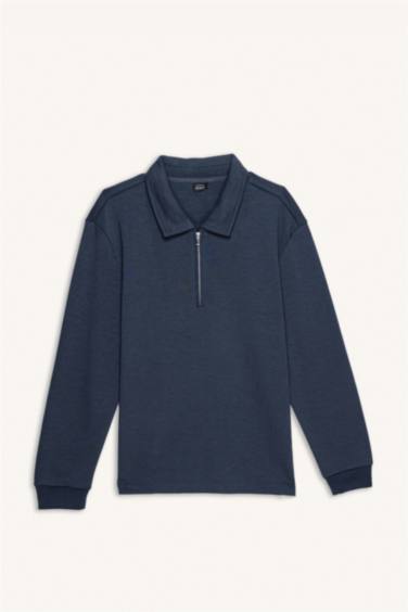 Regular Fit Polo Yaka Yarım Fermuarlı Basic Düz Sweatshirt