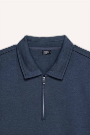 Regular Fit Polo Yaka Yarım Fermuarlı Basic Düz Sweatshirt