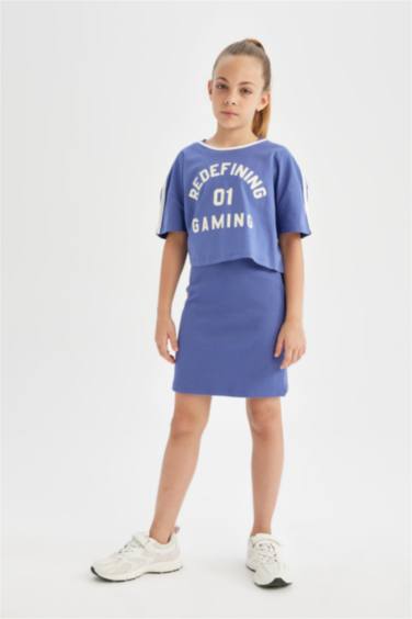 Girl Printed Short Sleeve Ribbed Camisole Dress