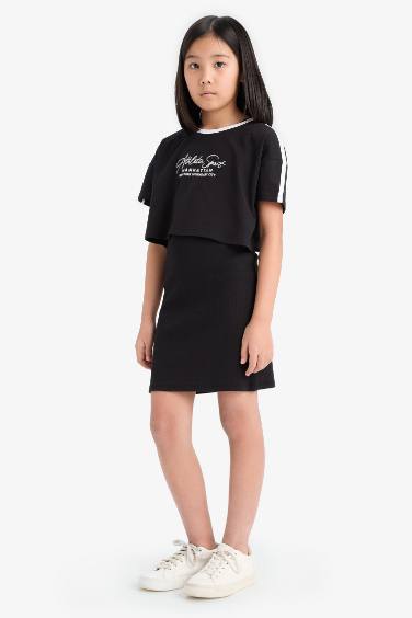 Girl Crew Neck Corduroy Printed Short Sleeve Dress