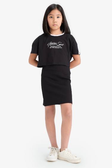 Girl Crew Neck Corduroy Printed Short Sleeve Dress