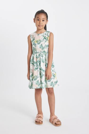 Girl Patterned Sleeveless Cotton Dress