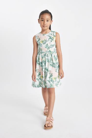 Girl Patterned Sleeveless Cotton Dress