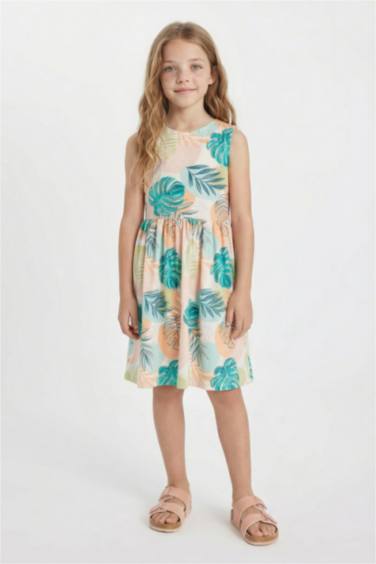 Girl Patterned Sleeveless Cotton Dress
