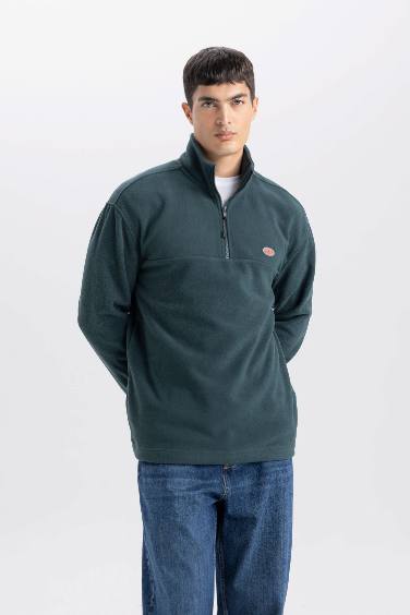 Relax Fit Dik Yaka Fermuarlı Polar Sweatshirt