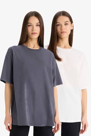 Oversize Fit Bisiklet Yaka Yıkamalı 2'li Basic Kısa Kollu Tişört