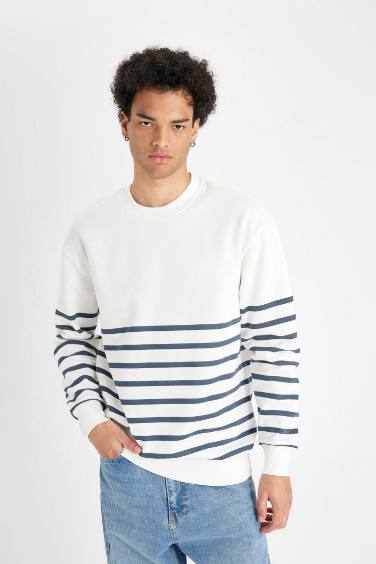 Comfort Regular Fit Rahat Kalıp Bisiklet Yaka Çizgili Kalın Sweatshirt