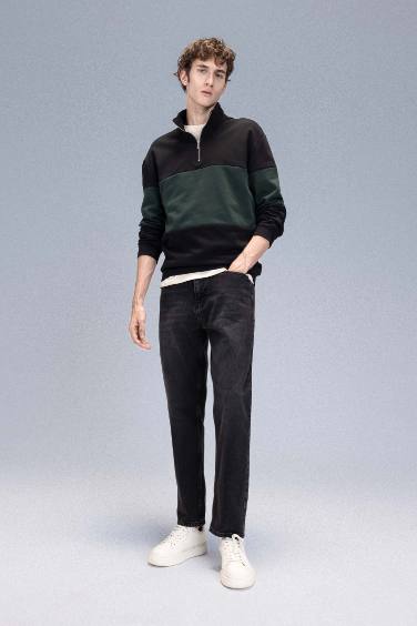 Comfort Regular Fit Rahat Kalıp Dik Yaka Fermuarlı Çizgili Kalın Sweatshirt