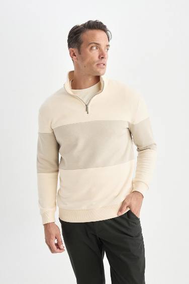 Comfort Regular Fit Rahat Kalıp Dik Yaka Fermuarlı Çizgili Kalın Sweatshirt