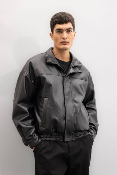 Waterproof Oversize Fit Zippered Pocketed Faux Leather Jacket