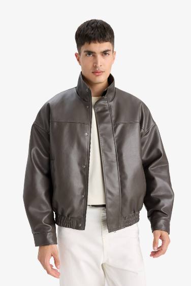 Waterproof Oversize Fit Stand Collar Faux Leather Jacket