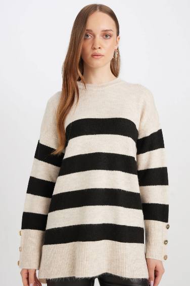 Regular Fit Crew Neck Buttoned Striped Knitted Pullover