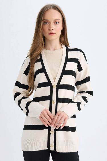 Regular Fit V Neck Knitwear Striped Cardigan