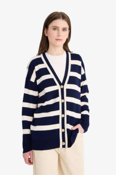 Regular Fit V-Neck Striped Cardigan
