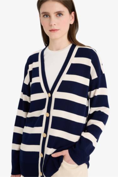 Regular Fit V-Neck Striped Cardigan