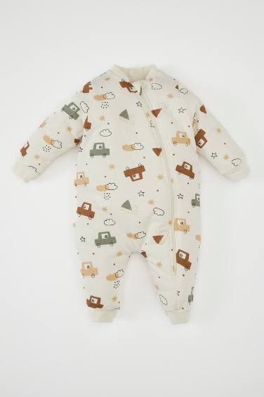 Baby Boy Newborn 1 Tog Fiber Patterned Zippered Cotton Jumpsuit