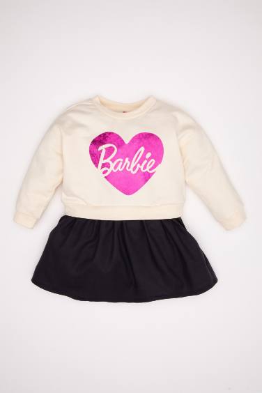 Kız Bebek Bisiklet Yaka Barbie Uzun Kollu Sweatshirt Elbise