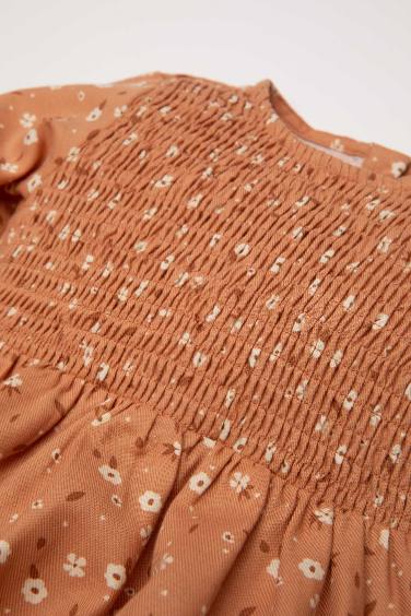 Kız Bebek Çiçekli Uzun Kollu Düğmeli Twill Elbise