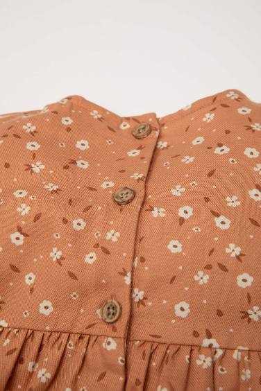 Kız Bebek Çiçekli Uzun Kollu Düğmeli Twill Elbise