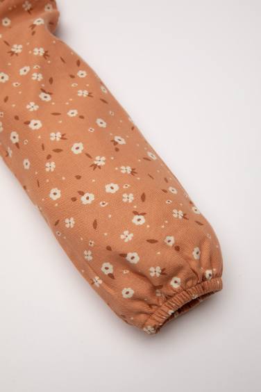 Kız Bebek Çiçekli Uzun Kollu Düğmeli Twill Elbise
