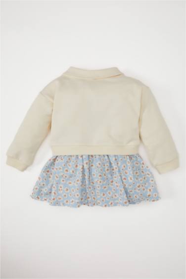 Baby Girl Polo Neck Printed Skirt Floral Patterned Sweatshirt Dress