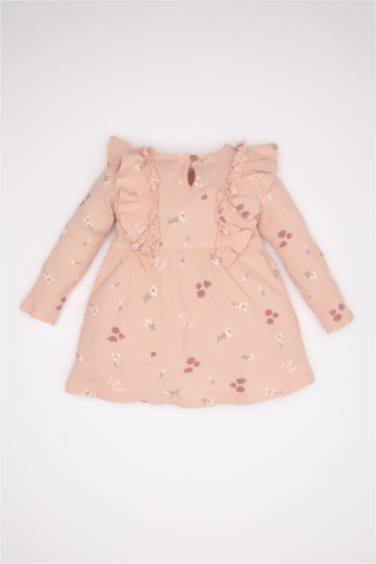 Kız Bebek Bisiklet Yaka Fırfırlı Çiçekli Uzun Kollu Waffle Elbise
