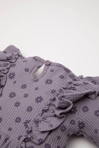 Girl Long Sleeve Ruffle Waffle Purple Floral Dress