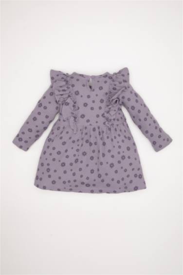 Girl Long Sleeve Ruffle Waffle Purple Floral Dress