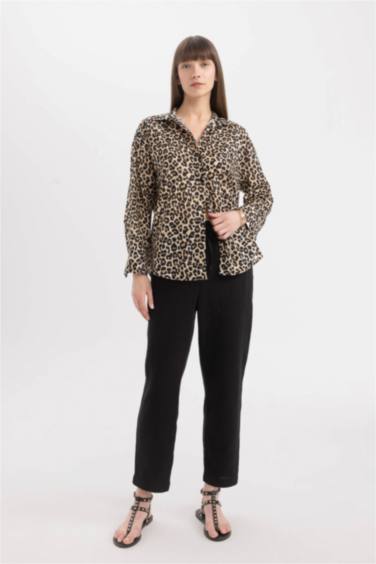 Oversize Geniş Kalıp Uzun Kollu Leopar Desenli Vual Gömlek