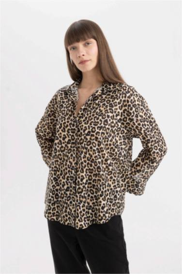 Oversize Geniş Kalıp Uzun Kollu Leopar Desenli Vual Gömlek