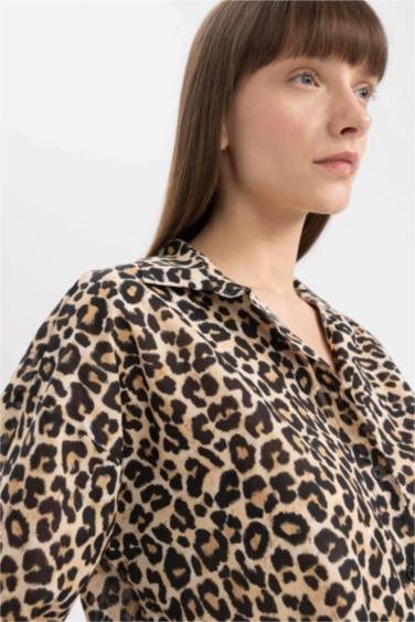 Oversize Geniş Kalıp Uzun Kollu Leopar Desenli Vual Gömlek