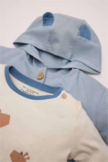 Erkek Bebek 3'lü Takım Zürafa Baskılı Uzun Kollu Tişört Kapüşonlu Sweatshirt Hırka Beli Lastikli Eşofman Altı