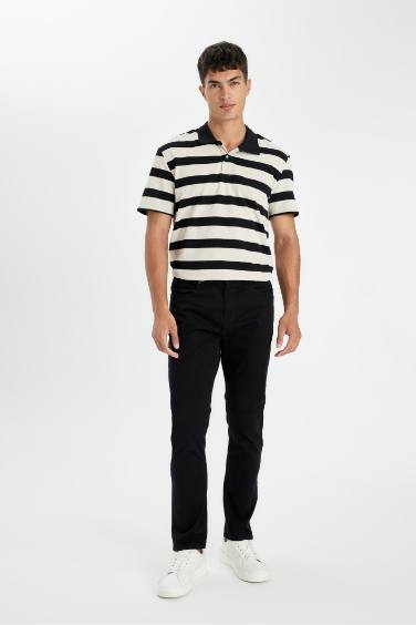 New Regular Fit Polo Yaka Çizgili Kısa Kollu Tişört