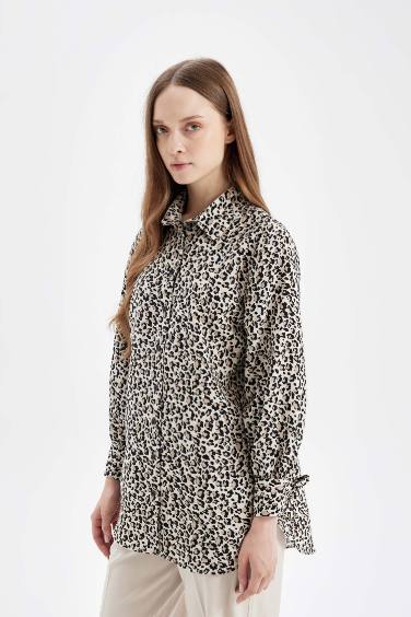 Relax Fit Leopar Desenli Uzun Kollu Gömlek Tunik