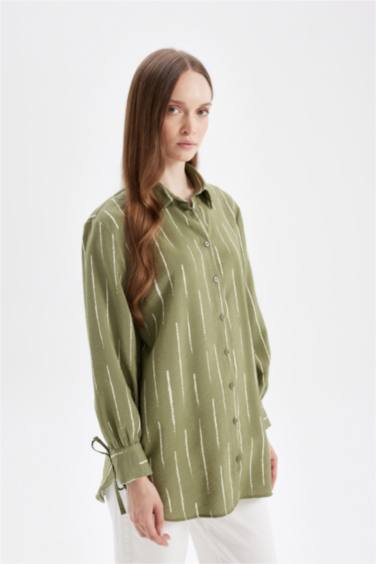 Relax Fit Gömlek Yaka Çizgili Uzun Kollu Gömlek Tunik