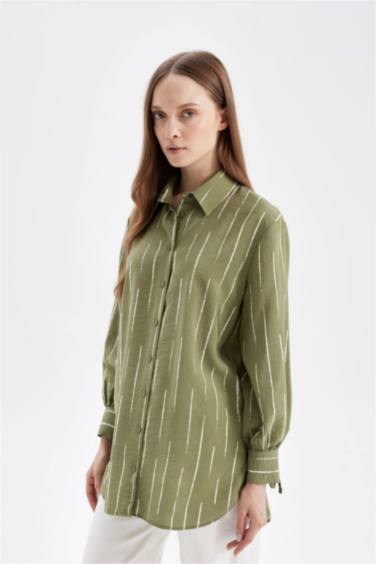 Relax Fit Gömlek Yaka Çizgili Uzun Kollu Gömlek Tunik