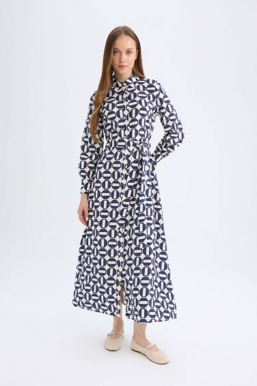 Shirt Collar Printed Basic Maxi Dress