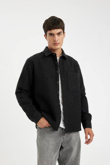 Regular Fit Basic Düz Pamuk Karışımlı Uzun Kollu Gömlek