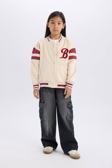 Kız Çocuk Baskılı Kolej Yaka Çıtçıtlı Çift Cepli Mevsimlik İçi Yumuşak Tüylü Bomber Ceket