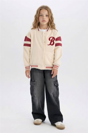 Baskılı Kolej Yaka Çıtçıtlı Çift Cepli Mevsimlik İçi Yumuşak Tüylü Bomber Ceket Kız Çocuk