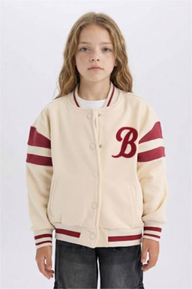 Baskılı Kolej Yaka Çıtçıtlı Çift Cepli Mevsimlik İçi Yumuşak Tüylü Bomber Ceket Kız Çocuk