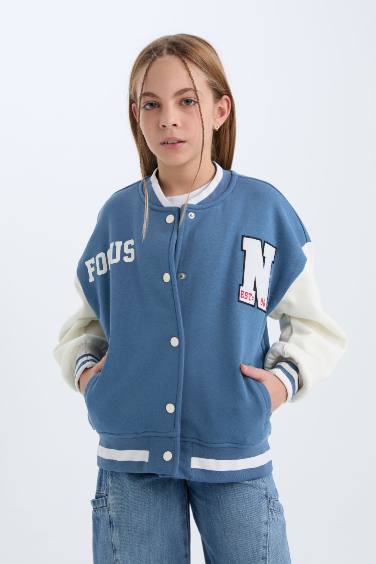 Girl Printed College Collar Thick Soft Furry Bomber Jacket