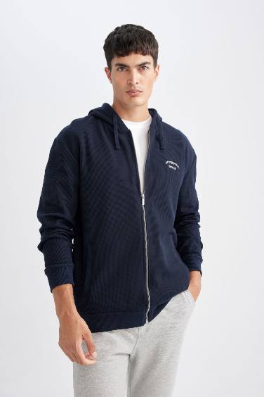 Relax Fit Printed Hooded Waffle Zippered Sweatshirt