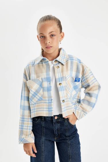 Girl Plaid Long Sleeve Crop Shirt