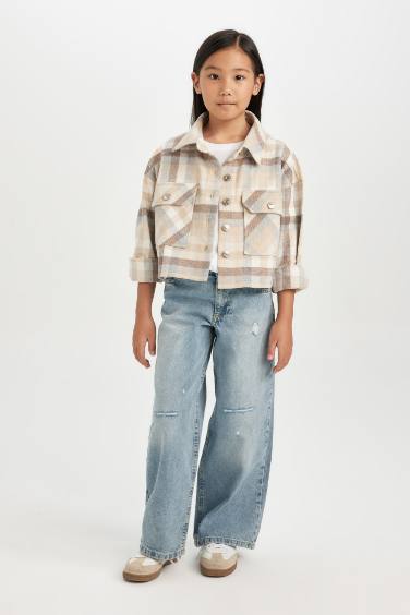 Girl Plaid Double Pocket Long Sleeve Crop Shirt