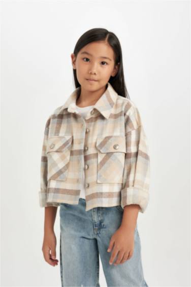 Girl Plaid Double Pocket Long Sleeve Crop Shirt