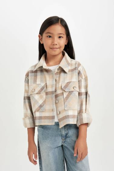 Girl Plaid Double Pocket Long Sleeve Crop Shirt