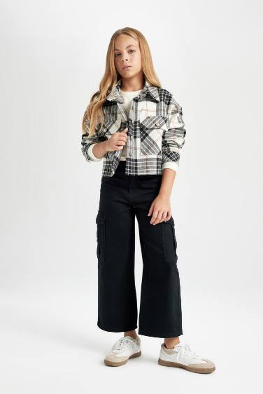 Kız Çocuk Crop Kareli Uzun Kollu Çift Cepli Gömlek Ceket